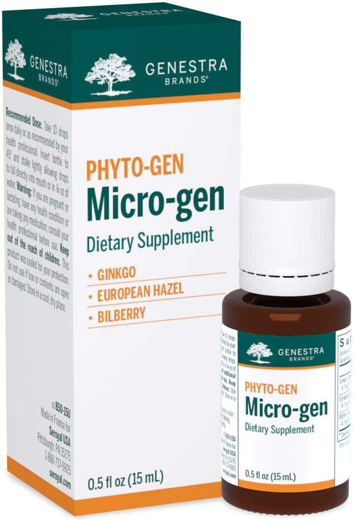 Genestra Brands Micro-gen Yep 124; Gingko, European Hazel, og Bilberry Herbal Supplement Yep 124; 0,5 fl. oz.
