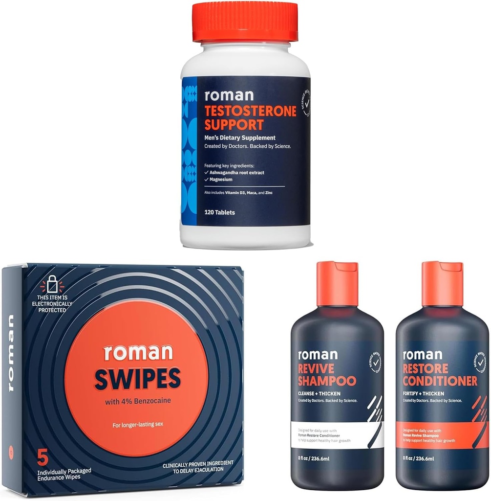 ROMAN Mænds Wellness Bundle # 124; Testosteron Support, Fast- Fungerende Swipes for Stamina, og Revive Shampoo & Conditioner Duo for Thicker- Looking Hair # 124; Komplet Mænds Care Kit