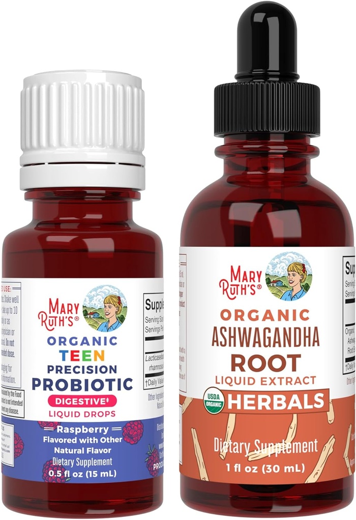 MaryRuth Organics Precision Probiotic Drops for Teens (Raspberry) & Ashwagandha Drops ttesmå 124; USDA Organisk Medical 124; Vitamin til Gut Health, Afslapning, & Samlet Wellness Medical 124; Vegan, Non- GMO, Gluten Free