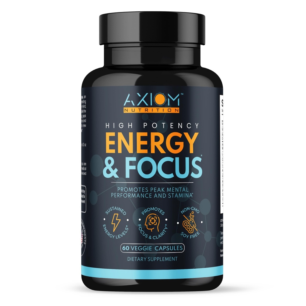 Energi og fokus - Ekstra styrke 200mg Koffein og Lions Mane Mushroom Supplement, 60 Kapsler - med Alpha GPC, L-Theanine, L-Tyrosine til at understøtte hjerne funktion og koncentration