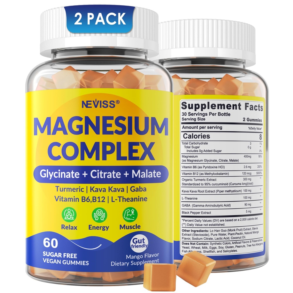 Magnesium Complex Gummies 400mg, Magneisum Glycinate Citrate Malate + Gurmerisk, GABA, B6 B12, Kava Kava, L- Theanin til søvn, rolig, afslapning, energi, Magnesium Gummies til kvinder Mænd, Vegan, 2 Pack