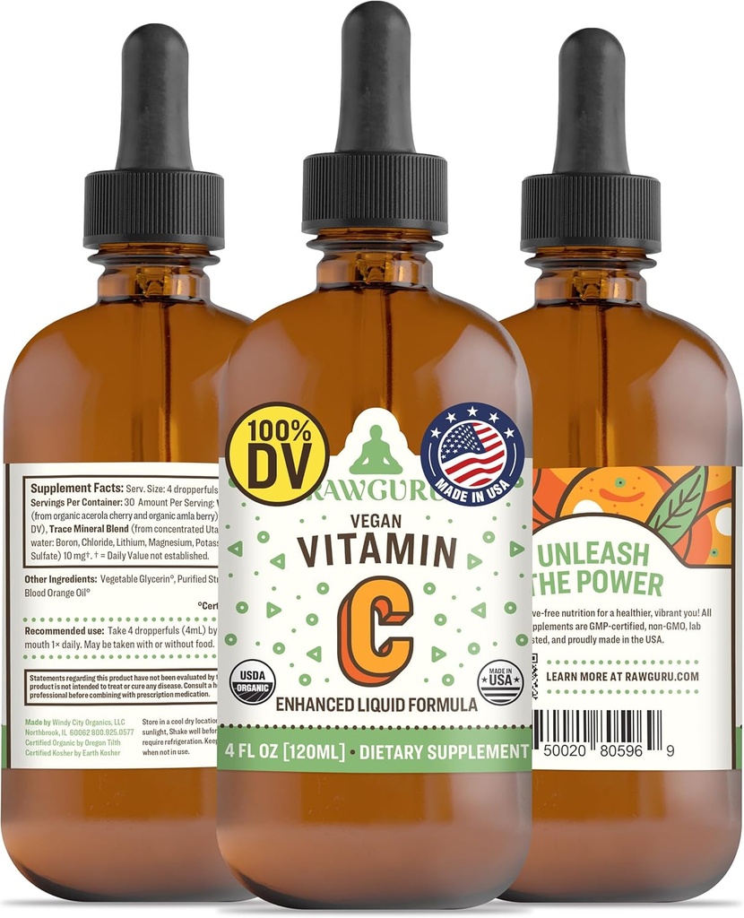 RawGuru Organic Vitamin C Tinktur - Flydende C Vitamin C med spor Mineraler - Nano- Forarbejdede Antioxidant & immunforsvar Supplement Tinktur - 30 Serveringer af Vegan dråber pr 120 ml, Pakning med 1