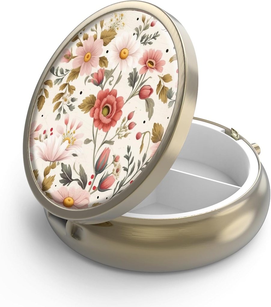 Pill Case Pill Box med spejl Retro 3 Segment Lille Pill Case til purse eller Pocket Bronze Lille Roud Pill Box eller Vitaminer, Fiskeolie, Kosttilskud, Pill Containe Rejse Gaver Retro Red blomster