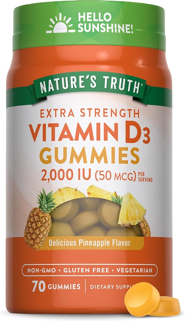 Nature 's Truth Vitamin D3 Gummies ttesmå 124; 2000 IE ttesmå 124; 70 Tæller 124; Ananas Articulus 124; Vegetarisk, Non- GMO og Gluten Free Supplement