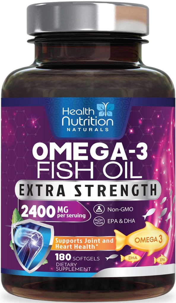 Omega 3 Fish Oil 2400 mg - Triple Strength Omega3, EPA & DHA Fedtsyrer Supplement - Natural Support for Immun, Heart & Brain Health - Wild Caught, Non- GMO, Lemon Flavor, Burpless - 180 Softgel
