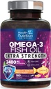 Omega 3 Fish Oil 2400 mg - Triple Strength Omega3, EPA & DHA Fedtsyrer Supplement - Natural Support for Immun, Heart & Brain Health - Wild Caught, Non- GMO, Lemon Flavor, Burpless - 180 Softgel