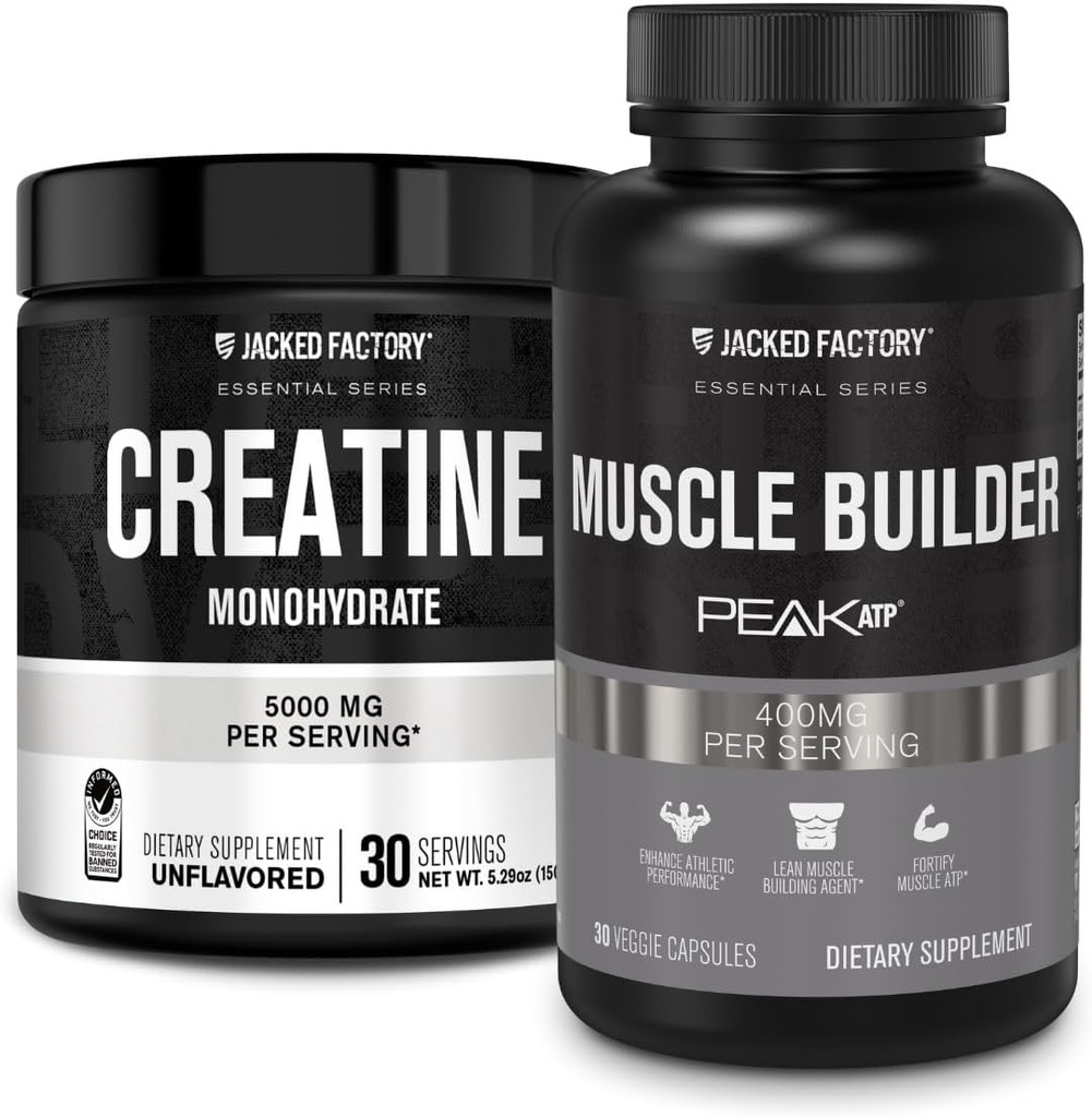 Jacked Factory Creatinine Monohydrat Powder 150g - Creatin supplement til muskelvækst, øget styrke & essentials Muscle Builder - Daglig muskel Builder med PeakATP (30 kapsler)
