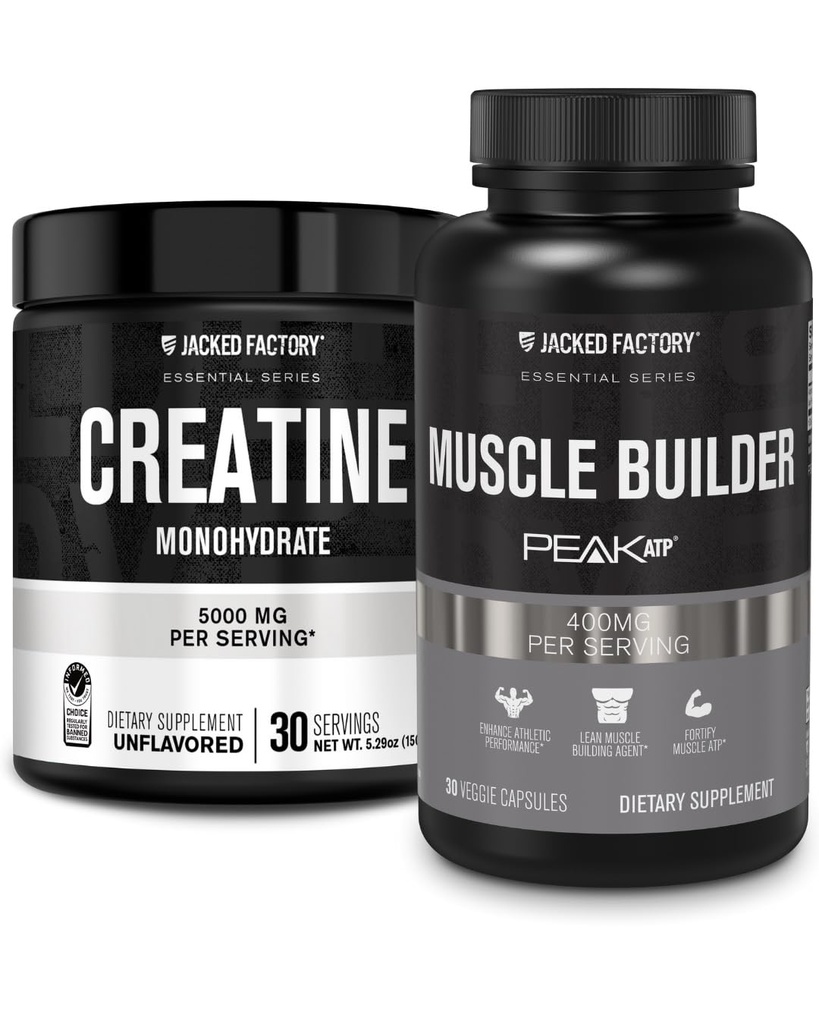 Jacked Factory Creatinine Monohydrat Powder 150g - Creatin supplement til muskelvækst, øget styrke & essentials Muscle Builder - Daglig muskel Builder med PeakATP (30 kapsler)