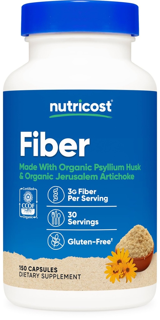 Nutricost Fiber Kapsler med Prebiotic Fiber Supplement 150 Kapsler - CCOF Certified Supplement, Lavet med Organic Psyllium Husk & Organic Jerusalem Artiskoke, Gluten Free, 3 G Per Servering