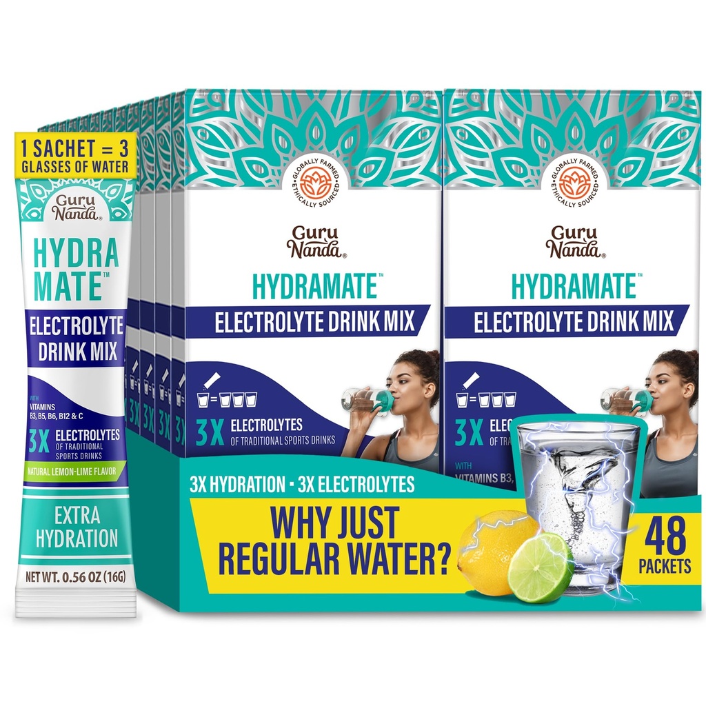 GuruNanda Hydramate Hydration Support Drink Mix - Elektrolyte Powder Pakker til Dehydrering, Motion & Energy - Ingen Tilføjet sødestoffer, Non- GMO, Natural Lemon Lime Flavor - 48 Greve (0,56 oz Hver)