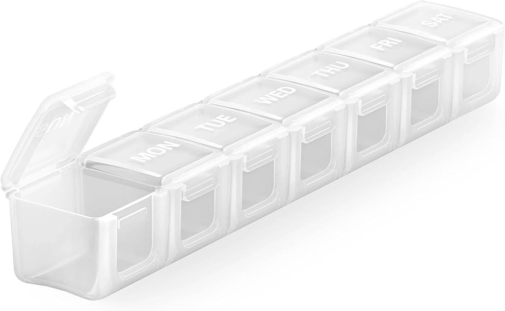 Sukuos Ekstra Stor Ugentlig Pill Organizer, 7 Dag Daglig Pill Box Case Gigt Friendly, Silkscreen Printed Medicine Container med Clear Lid for Vitaminer, Fiskeolier eller Kosttilskud (hvid)