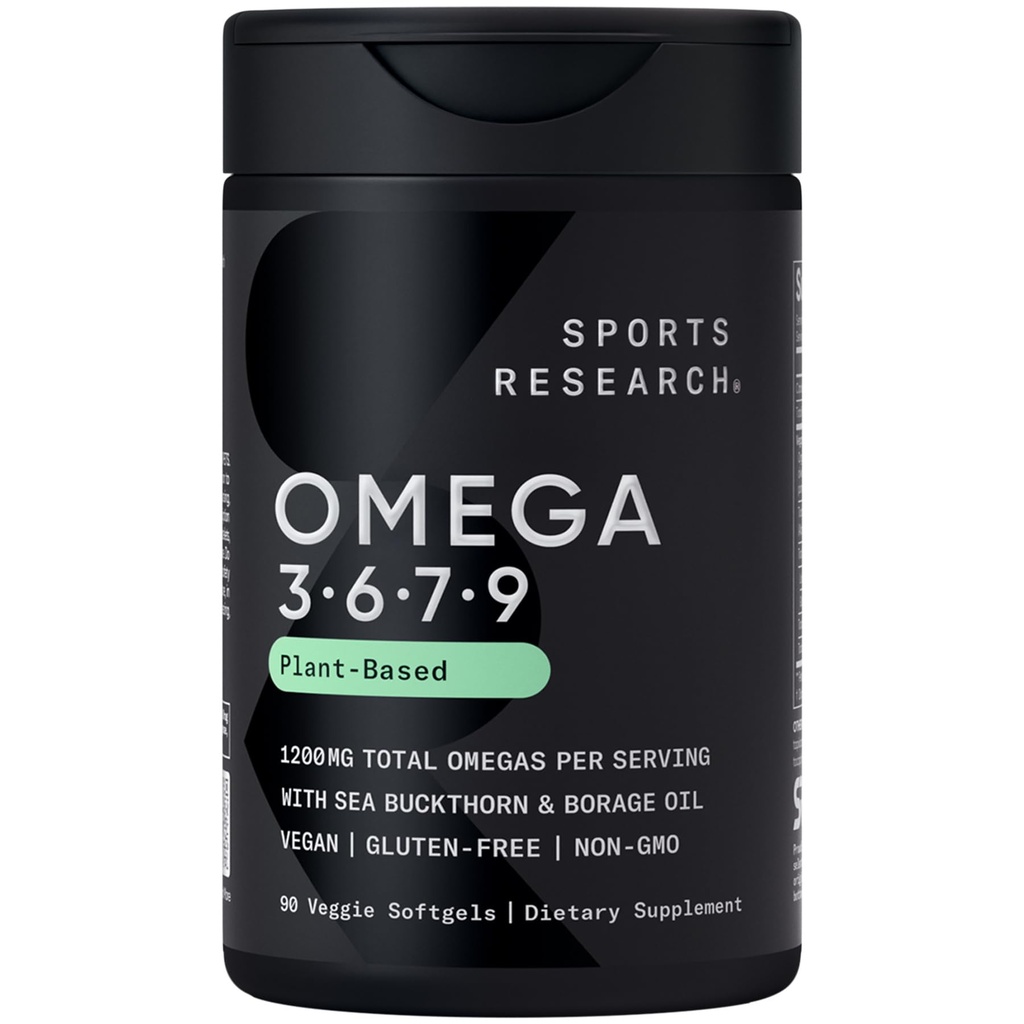 Sports Research ® Vegan Omega 3- 6- 7- 9 - 1200 mg Multi- Spectrum Omega fedtsyrer Certificeret non-GMO formel med Sea Buckthorn & Borage Oil - 90 Veggie Softgels
