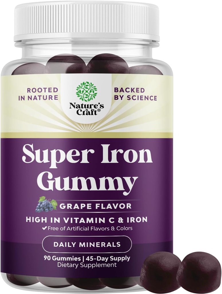 Ekstra styrke jern gummier for kvinder og mænd - potent 45mg per servering tyggetabletter for kvinder og mænd med C-vitamin for højere absorption - Vegansk daglig jerngummi ingen kunstige smag