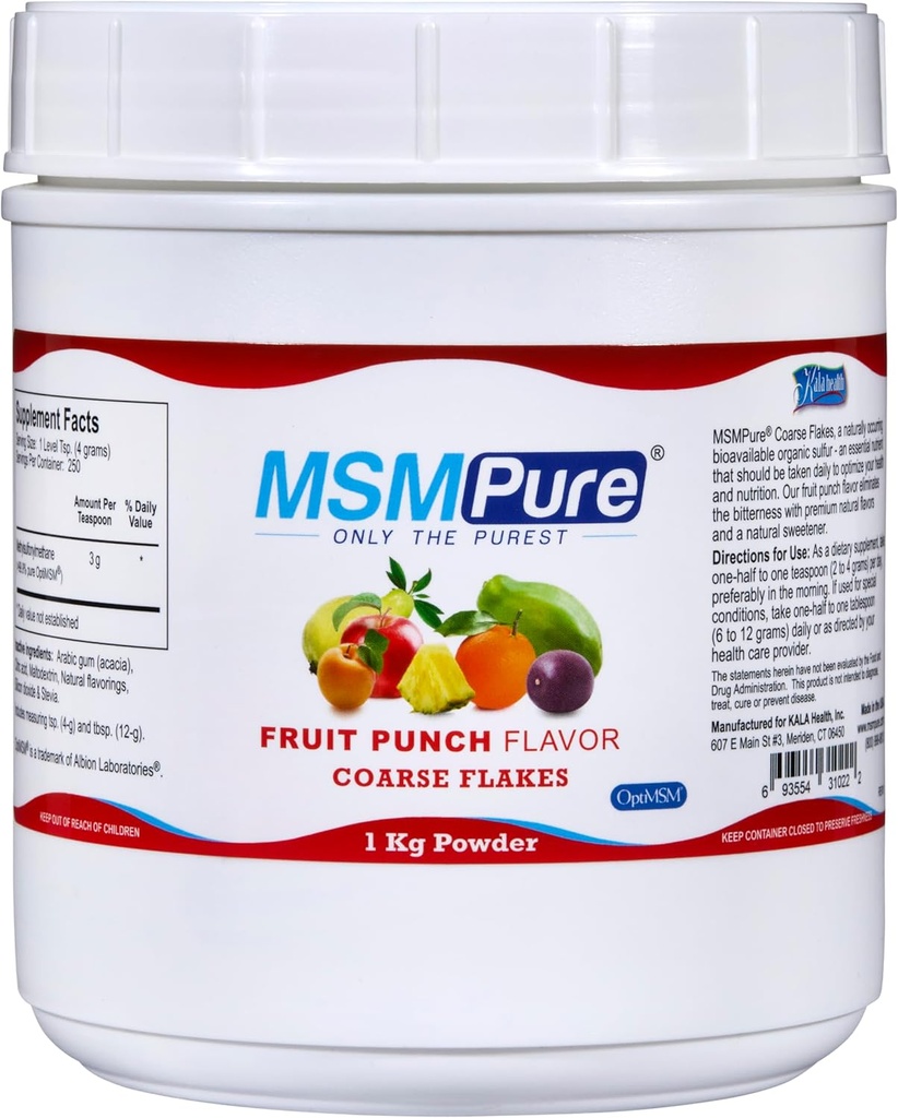 KALA Health MSMPure Fruit Punch Flavored Coass MSM Powder Flakes - US- Made MSM for fælles sundhed, hud udseende, og hår & negle støtte - 2,2 LB, Økologisk svovl
