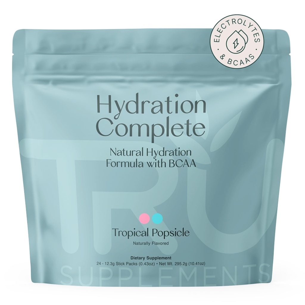 TRU Kosttilskud Hydration Complete BCAA, Plant Based Aminosyrer + Pink Himalayan Salt, Elektrolyter & L- Carnitin, Vegan, Zero Calories, Ingen kunstige sødemidler, 24 Servering, Tropical Issicle
