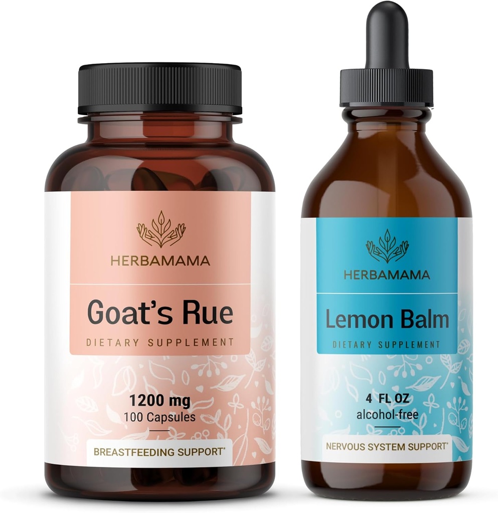 HERBAMAMA Goats Rue og Lemon Balm Kit - Bundle of 1200 mg Goats Rue Capsules & Lemon Balm Liquid Drops 4 fl oz - Vegan, Non- GMO, Sugar & Alcohol- Free - 2 Pack