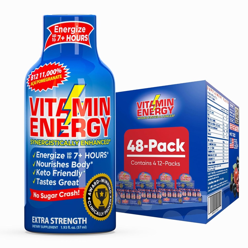 Vitamin energi B12 11.000% Ekstra styrke energi Shot Açaí Pomegranate 48 Pack, 260mg Natural Coffein, B12 & B6, Nootrop Focus, Vitality, Zero Sugar, Gluten- Free, Vegan, Kosher, 1.93 fl oz