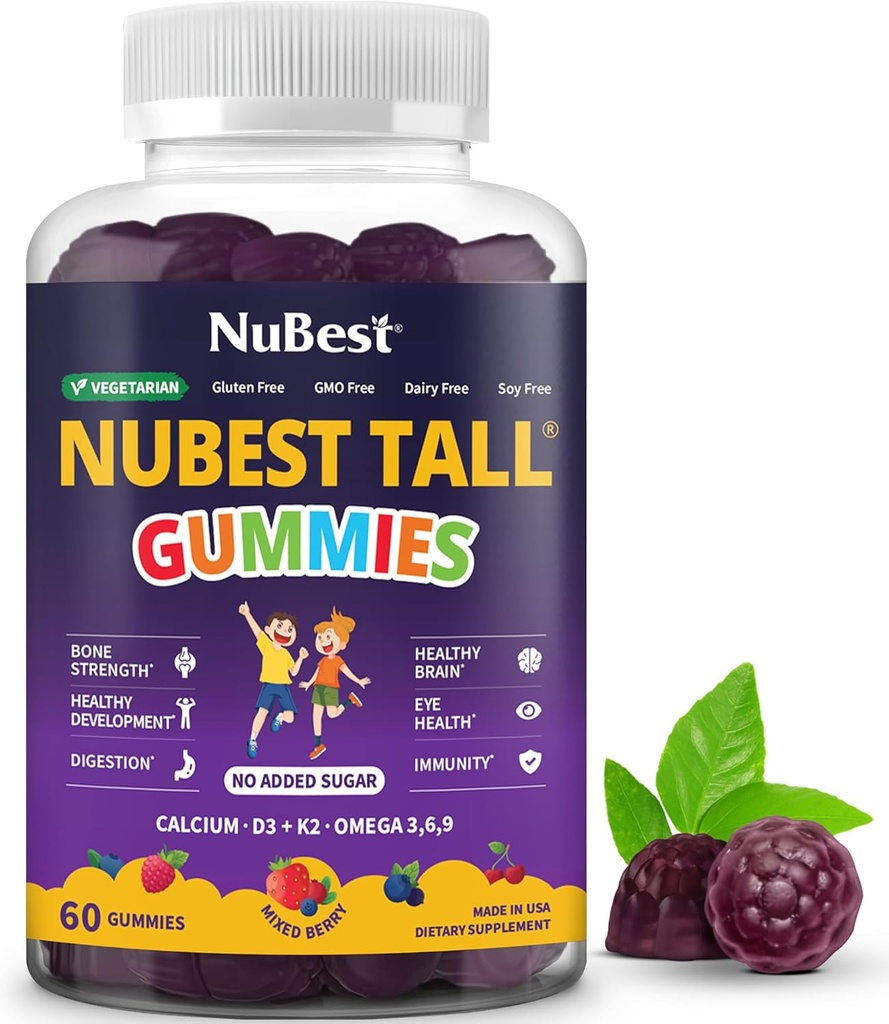 NuBest Tall Gummies for Kids Age 2 + & Teens; Knoglestyrke, Immunitet, fordøjelsessygdom med calcium, vitamin D3, K2, B Complex, Magnesium, Zink124; 20 + Vitaminer Berries Gummies, ingen tilsat sukker