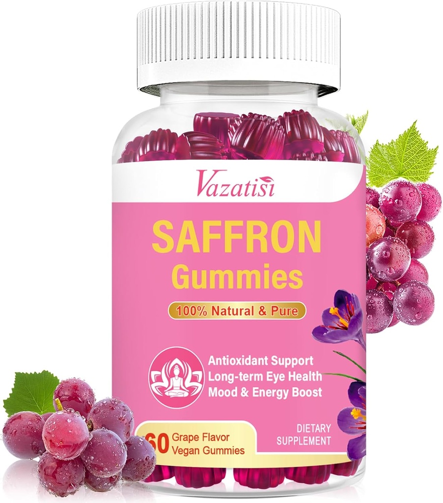Natural Saffron Gummies - Sugar Free Saffron Supplement med Saffron Extract 100 mg, Magnesium, GABA, Rhodiola - Food Measures 124; Focus Measures 124; Vision Measures 124; Energy Support - NonGMO Vegan - 60 Gummies, 30 Day Supply
