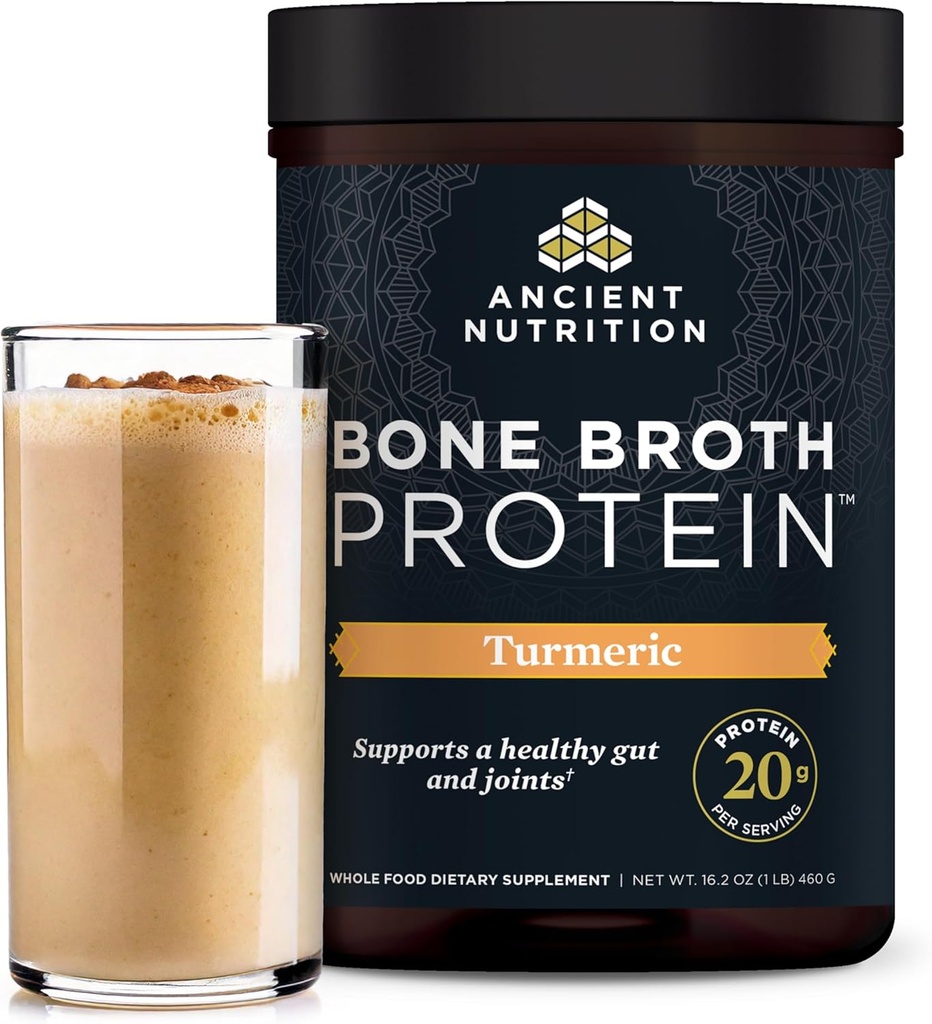 Ancient Nutrition Grass Fed, Cage Free, Bone Broth Protein Powder, 20g Protein, Hydrolyzed Collagen Peptider, Keto & Paleo Friendly, Understøtter Joint & Gut Sundhed, Gurkemeje, 20 Servere