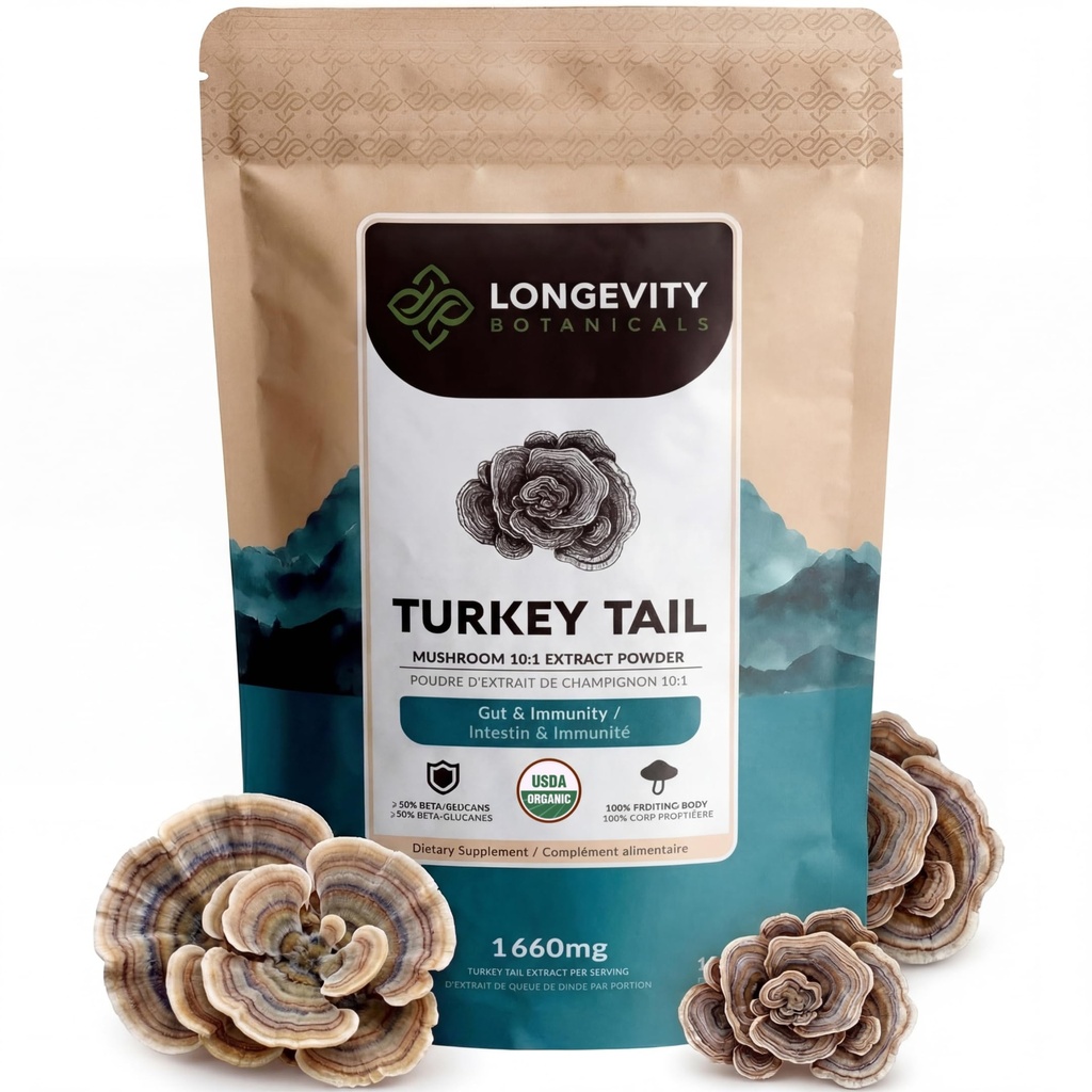 Organic Turkey Tail Mushroom Powder Supplement 100g- 124; Pure Fruiting Body 10: 1 High Strength Extract 124; 50% Beta- D Glucan- 124; 16,600 mg rå Ækvivalent Per Servering 124; Immun, Gut & Microbiome Support