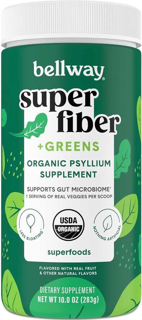 Bellway Super Fiber + Green Powder, Sugar- Free Psyllium Husk Fiber supplement pulver med Super Green (30 Servere)