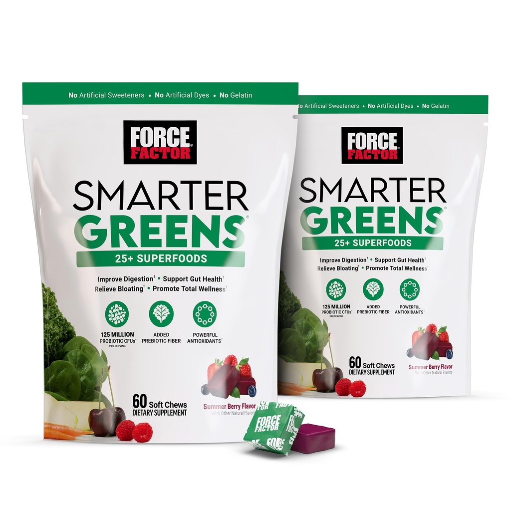 FORCE FACTOR Smarter Green Superfood Chews, 2-Pack, Grønne og Superfood med Probiotika, Antioxidanter, og Fiber, Grønne supplement til støtte fordøjelse, nitrogenoxid, og energi, 120 Soft Chews