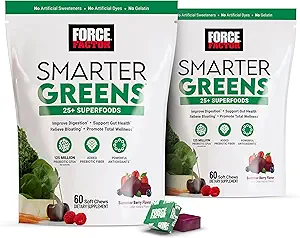 FORCE FACTOR Smarter Green Superfood Chews, 2-Pack, Grønne og Superfood med Probiotika, Antioxidanter, og Fiber, Grønne supplement til støtte fordøjelse, nitrogenoxid, og energi, 120 Soft Chews