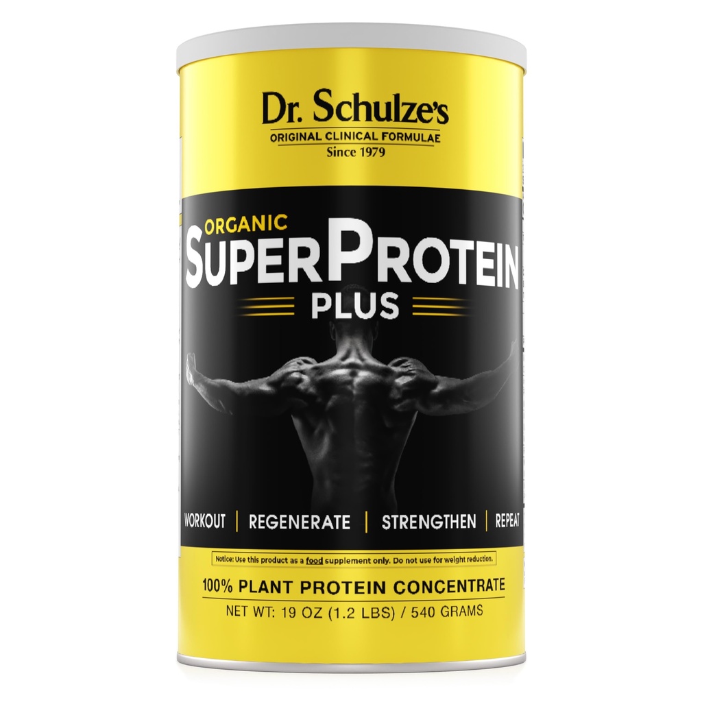 Dr. Schulzes 124; SuperProtein Plus 124; 100% Plant Protein Koncentrat • 124; Organic Powder Mix 124; Vitamin B-12 & Spirulina • 124; Kosttilskud • 124; Byg stærk muskel • 124; Forbedre workout Inddrivelse • 124; 19 Oz.