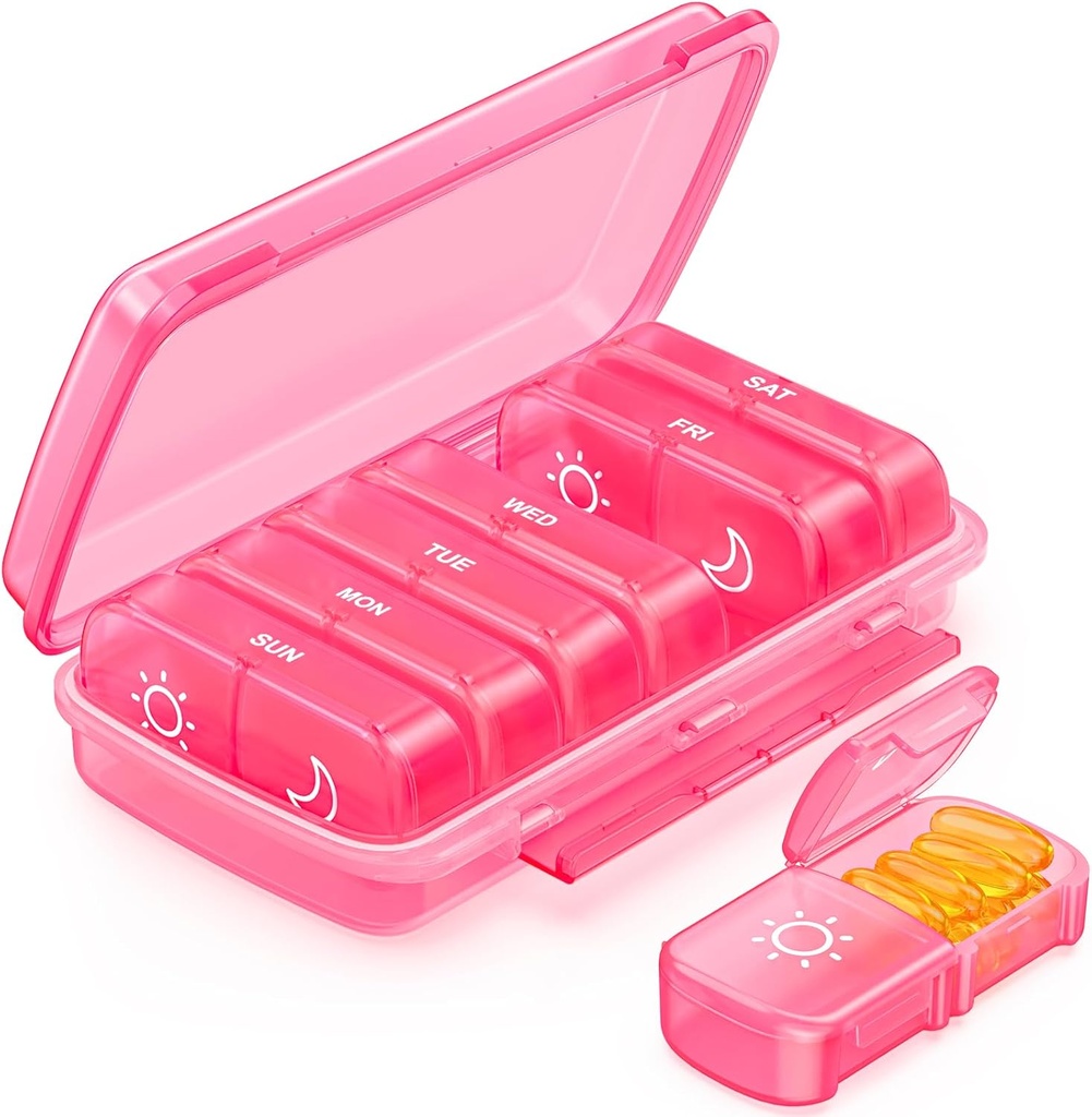 Ugentlig Pill Organizer 2 gange om dagen med Fugtbestandig Design, Pink AM PM Pill Box 7 dag for nem fyldning, Bærbar Pill sag til rejser, Stor Pill Holder for Vitamin, Fiskeolie, tillæg