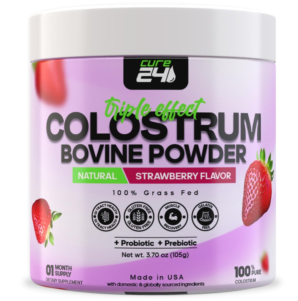 Bovine Colostrum X3 Supplement Pulver til mennesker, 100% Pure Hele Naturlig Græs Fed Superfood, High IgG, Plus Probiotic & Prebiotic, Natural Strawberry Flavor, Made in USA