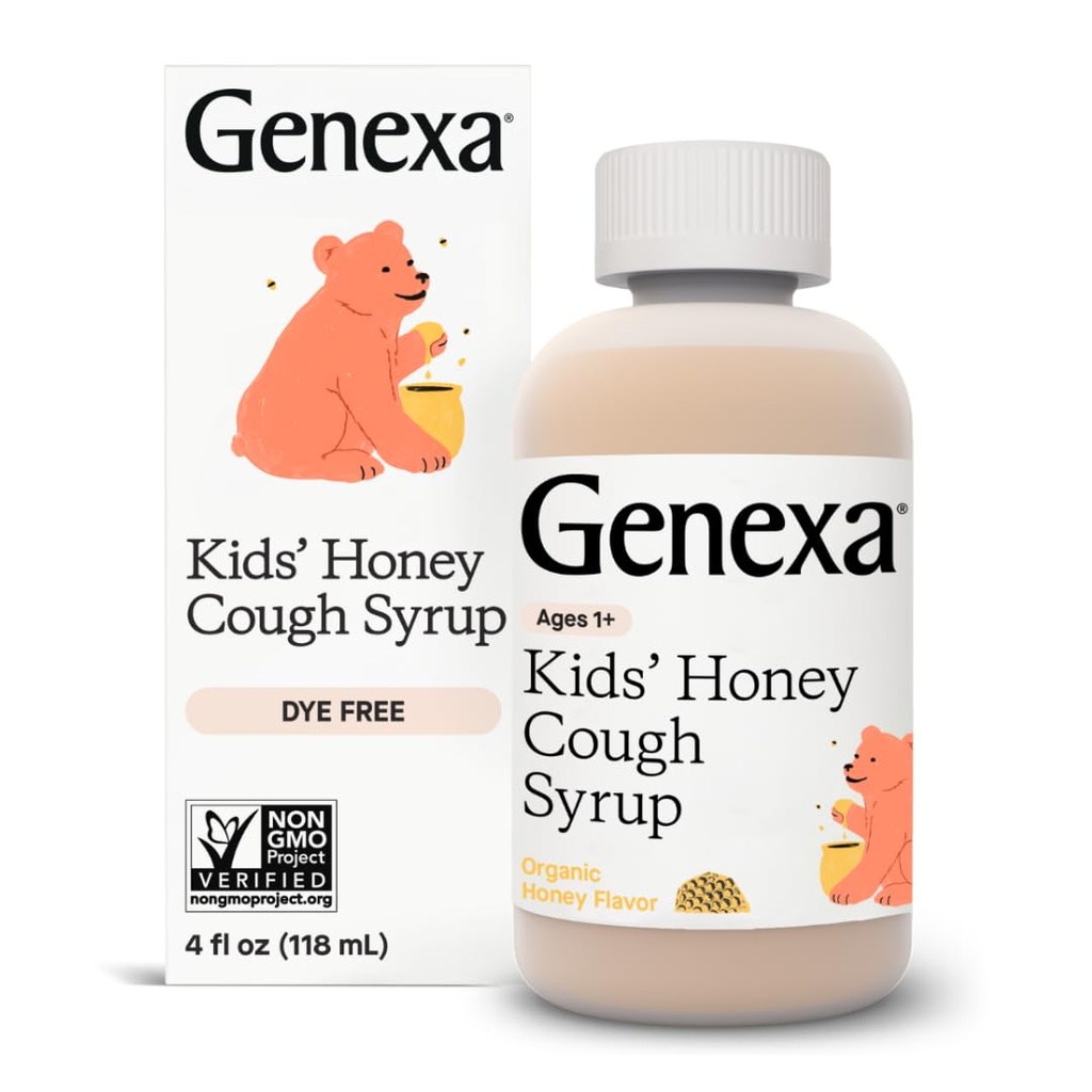 Genexa Kids Organic Honey Hough Syrup, Farvefri, 0% Kunstige Tilsætningsstoffer, Børns Hoste Remedy for Kids 2-11, Lindrende Natural Honey Flavor, Gluten Free, & Non- GMO 4 fl oz