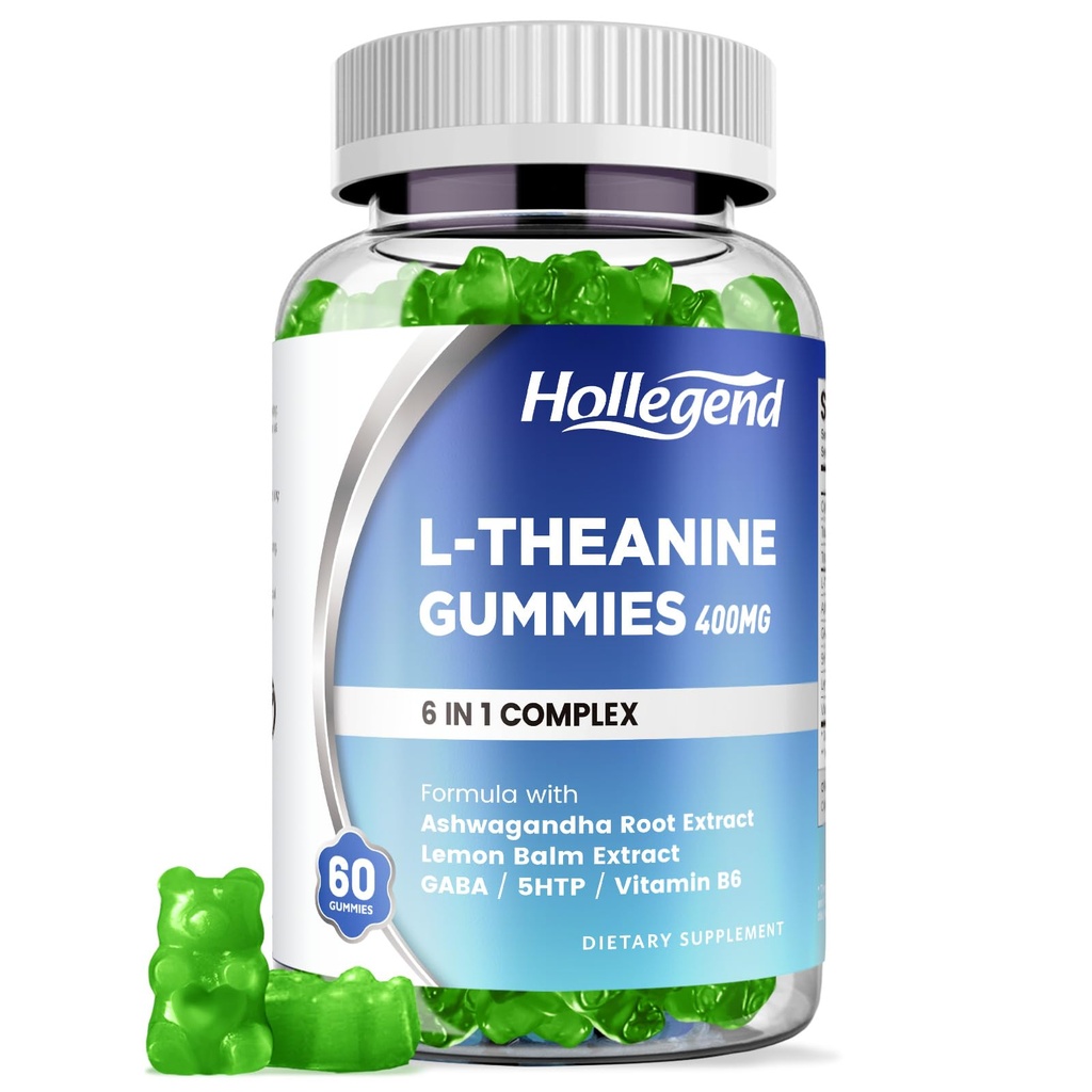 L- Theanine Gummies, l 'theanine 400mg med Ashwagandha, GABA, 5htp, L- Theanine Chewable Supplement til afslapning, Zzz & Focus Support, Vegan, Lemon Flavor, 60 Counts