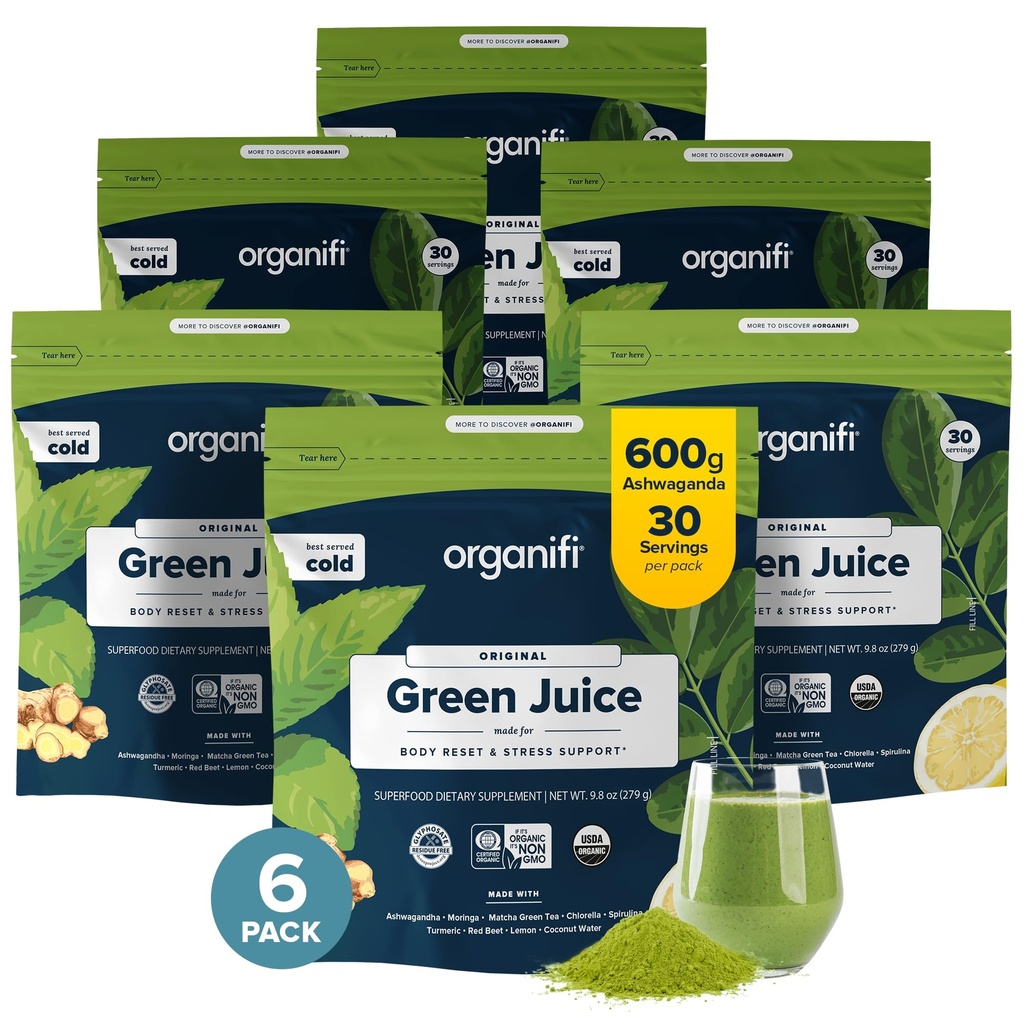 Organifi Green Juice - Organic Superfood Powder - 180 -Day Supply - Organic Vegan Green - Hjælper Reducering Cortisol - Giver bedre respons på stress - Understøtter vægtkontrol - Total Body Wellness