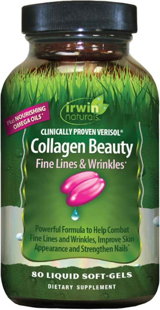 Irwin Naturals Collagen Beauty - 80 Liquid Softgels - Hjælper Combat Fine Lines & Wrinkles, Forbedrer hud udseende & Styrker Nails - 13 Total Servering