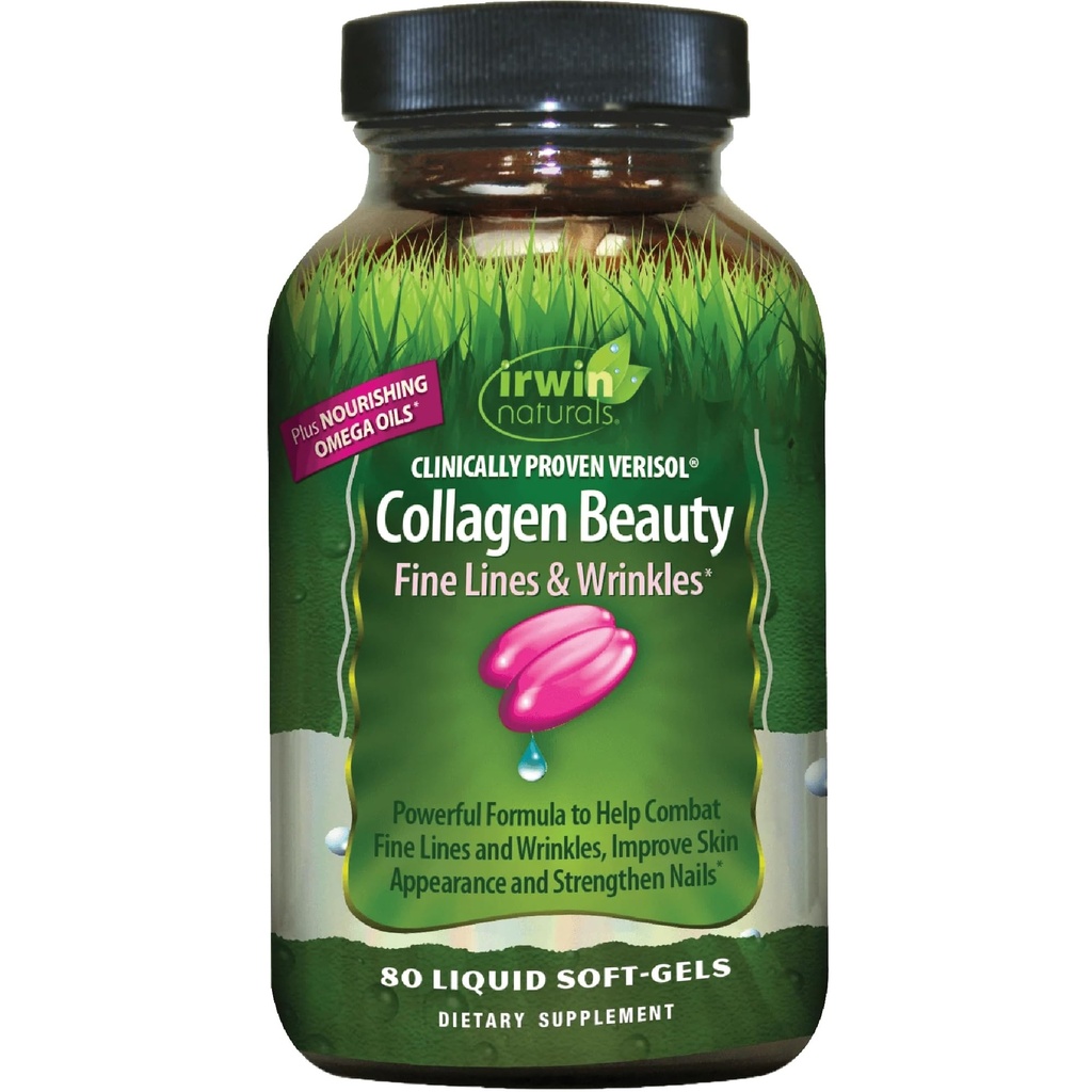 Irwin Naturals Collagen Beauty - 80 Liquid Softgels - Hjælper Combat Fine Lines & Wrinkles, Forbedrer hud udseende & Styrker Nails - 13 Total Servering