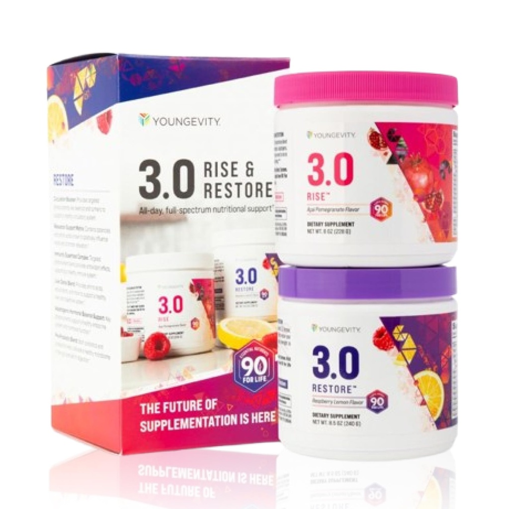 Youngevity Beyond Tangy Tangerine 3.0 Rise & Restore 6.1.124; Dual- System supplement til dag & nat 6.1.124; Natural Energy, Kognitiv Immunitet & fordøjelsesstøtte 6.1.124; Acai Pomegranate & Raspberry Lemon