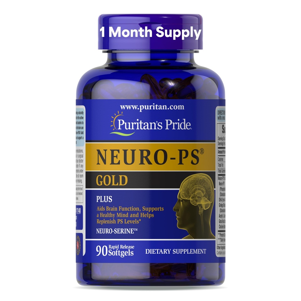 Puritans Pride Neuro- PS ® Gold Plus Neuro- Serine ™ med Gingko Biloba og DHA, Advanced Dietary Supplement for Brain Function, Health, and Memory Support, 1 Måned Supply, 90 Rapid Release Softels