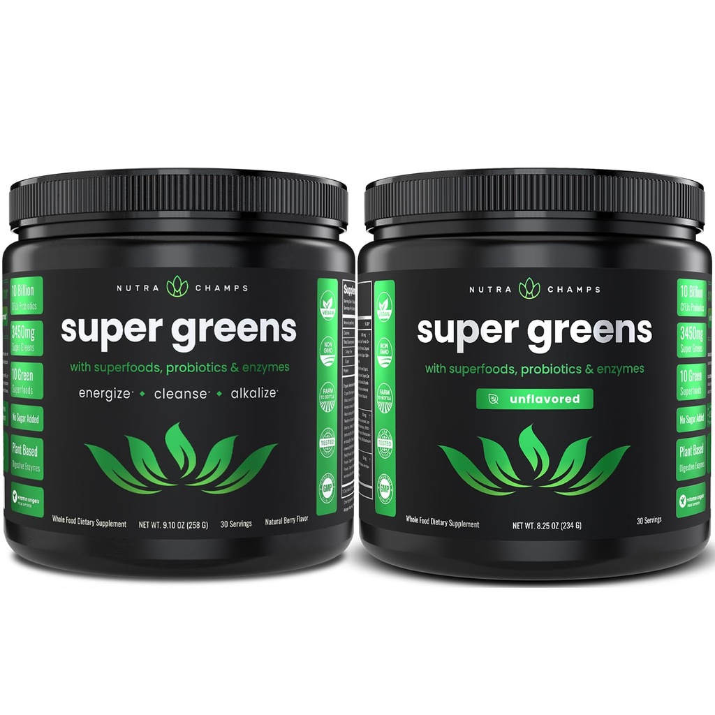NutraChamps Super Green Berry & Super Greens Unflavored Bundle - 2 måneders forsyning