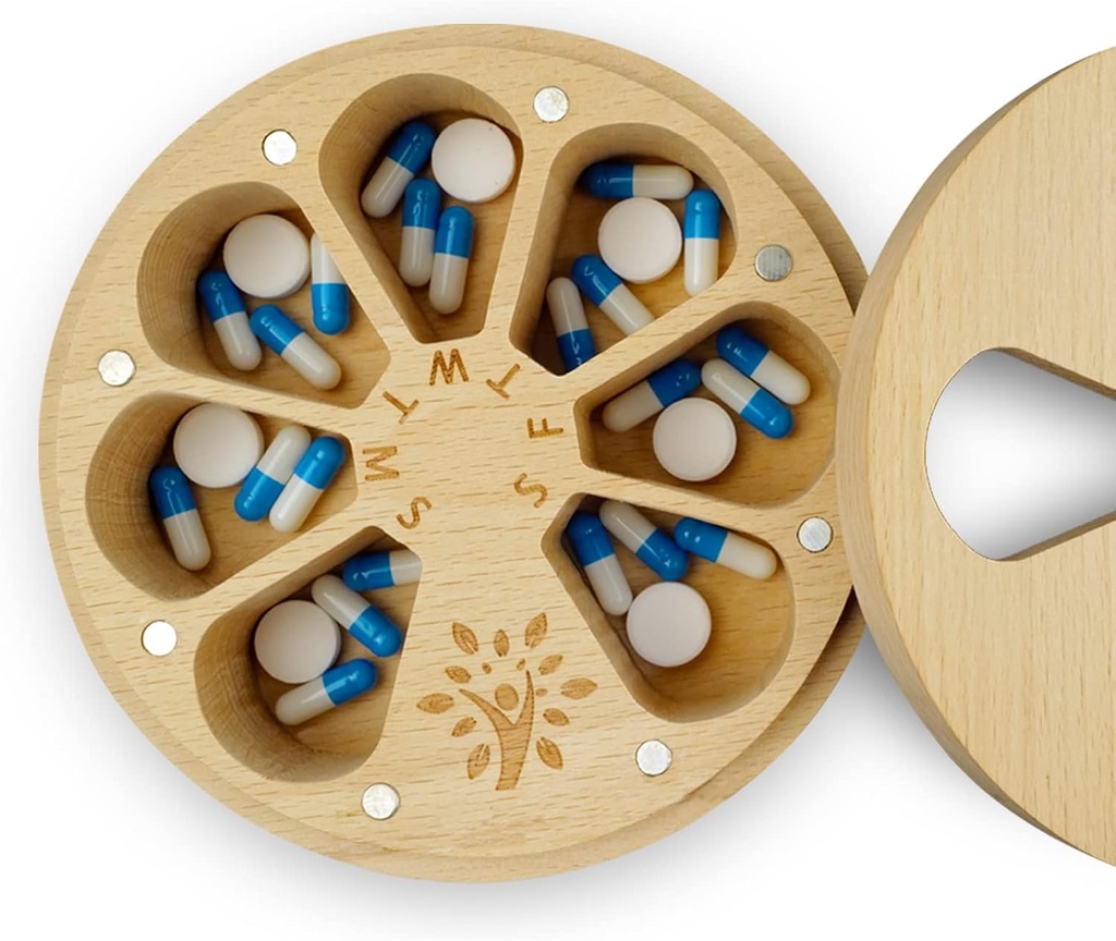 Wood Weekly Pill Organizer for Medicine Vitamin, Gigt Friendly 7-Day Pill Box Medium Compartments Holder, Daglig Portable Travel Pill sag med Velvet Bag