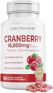 Cranberry Extract Pills Supplement 25% Proanthocyanidin med C-vitamin - Urinstof, hud, immunforsvar - 180 Veggie Kapsler - Non- GMO, Gluten- Free, Vegansk Friendly