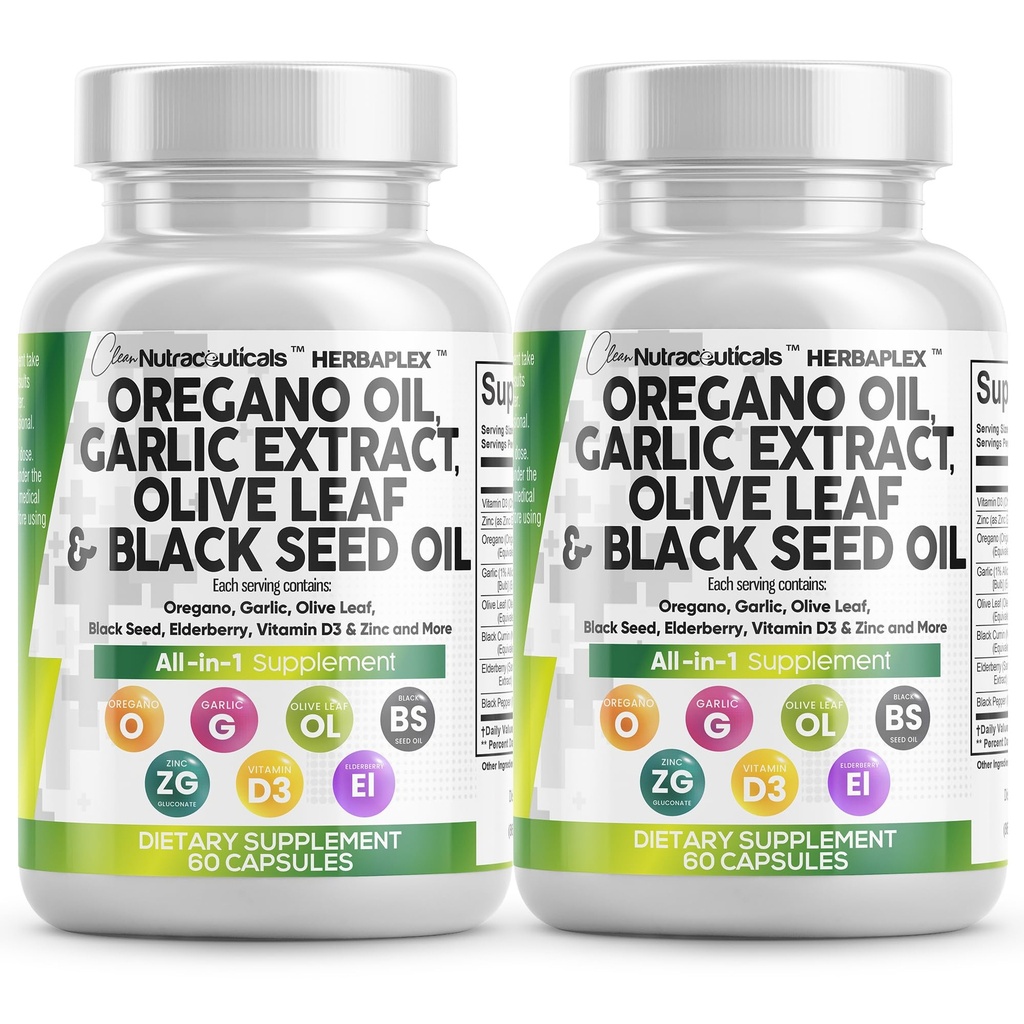 Rene nukleosteroider Oregano Oil Hvidløg Uddrag Olive Leaf Black Seed Oil - immunforsvar & fordøjelsestilskud for kvinder og mænd med vitamin D3 & zink - 2Pack
