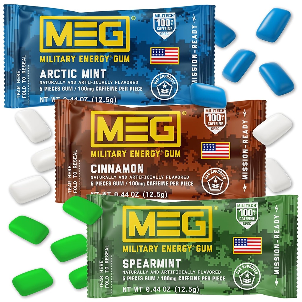 MEG Gum - Military Energy Gum | 100mg of Caffeine Per Piece - 15 piece Sample Pack - Energy and Focus to Boost Performace