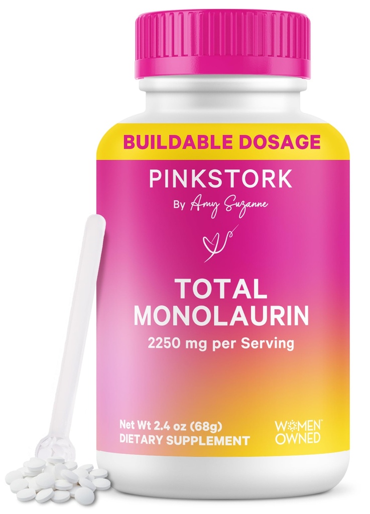 Pink Stork Monolaurin Pellets - Vegan Lauric Acid Immun & Gut Støtte til kvinder - Mikrobiologisk balance, fordøjelsesbesvær - Odorless, Scoopable Monolaurin Supplement - 226g - 75 Servering