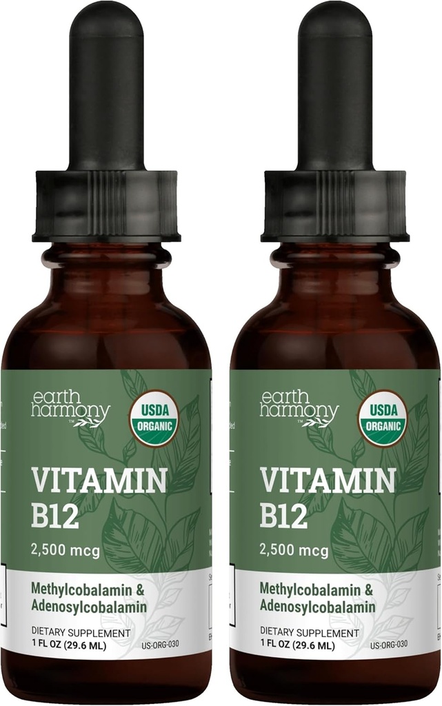USDA Organic Vitamin B12 2000mcg Sublingual Liquid Supplement (2-Pack) - Vegan Methylcobalamin Drops for Natural Energy, Maintain Metabolism, and Immune System Support - 1 Fl Oz