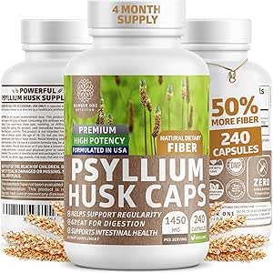 N1N Premium Psyllium Husk kapsler [Alle naturlige, 1450 MG] Kraftfuld Opløselig Fiber supplement til støtte regelmæssighed og fordøjelse, 240 Caps