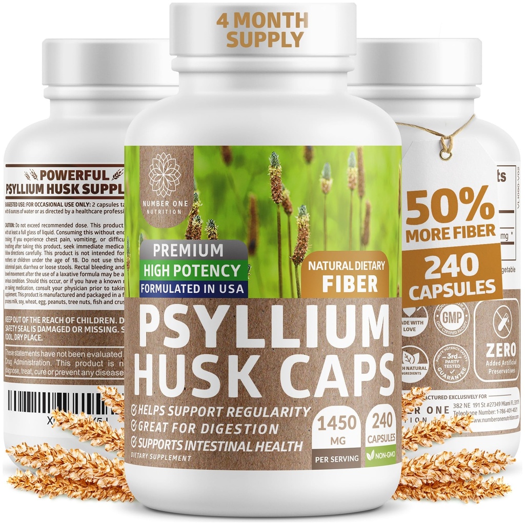 N1N Premium Psyllium Husk kapsler [Alle naturlige, 1450 MG] Kraftfuld Opløselig Fiber supplement til støtte regelmæssighed og fordøjelse, 240 Caps