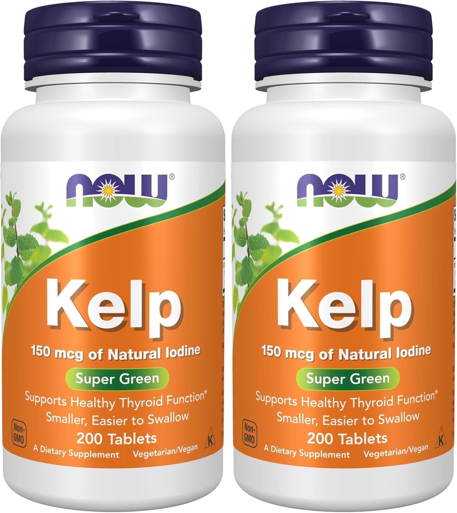 Now Supplements, Kelp 150 mcg Natural Jod, Nemmere at synke tabletter, Super Green, 200 tabletter (pakke med 2)