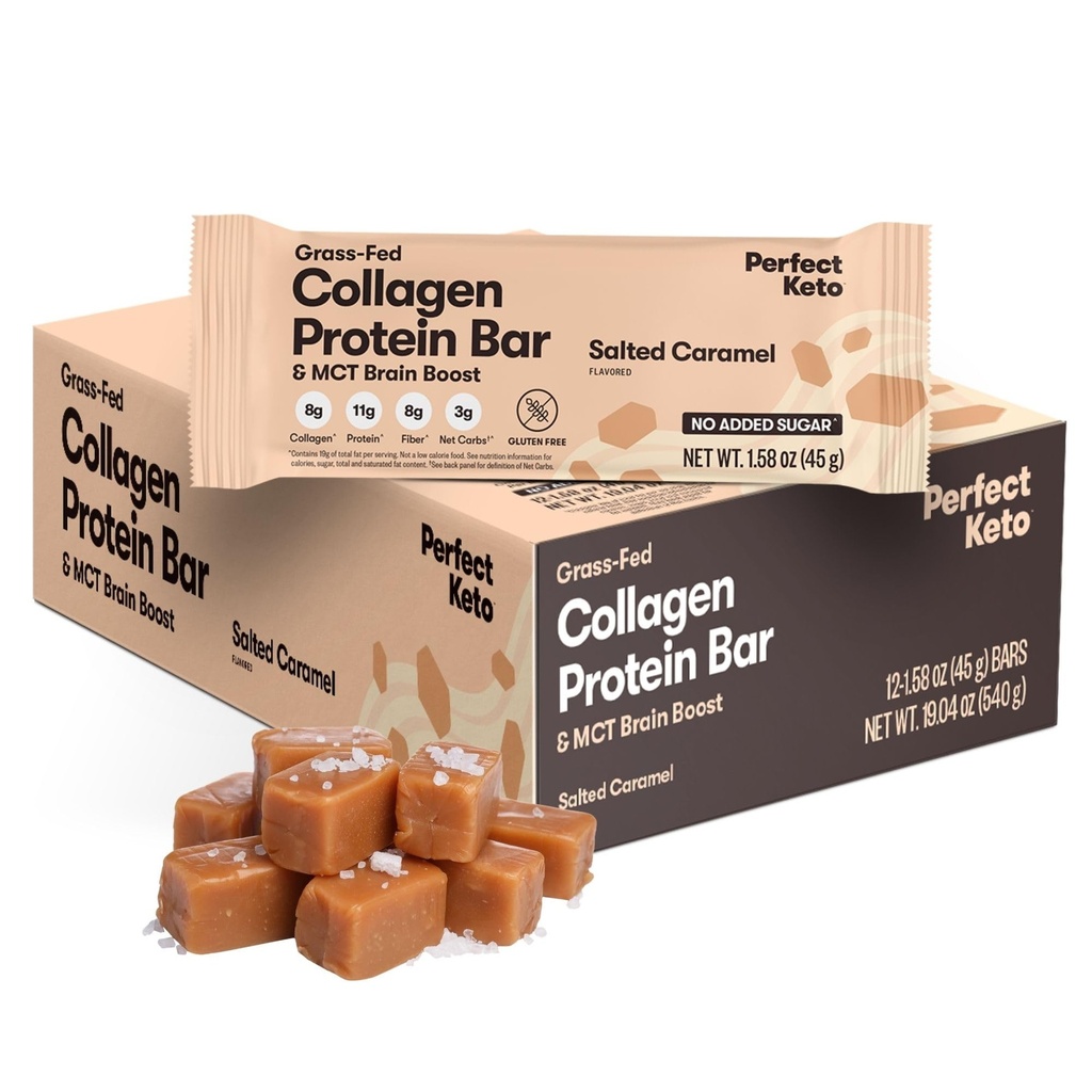 Perfect Keto Bars - Den reneste Keto Snacks med Collagen og MCT. Ingen tilsat sukker, Keto Diet Friendly - 3g Net Carbs, 19g Fedt, 11g Protein - Diet Food Dessert (Saltet Karamel, 12 Barer)