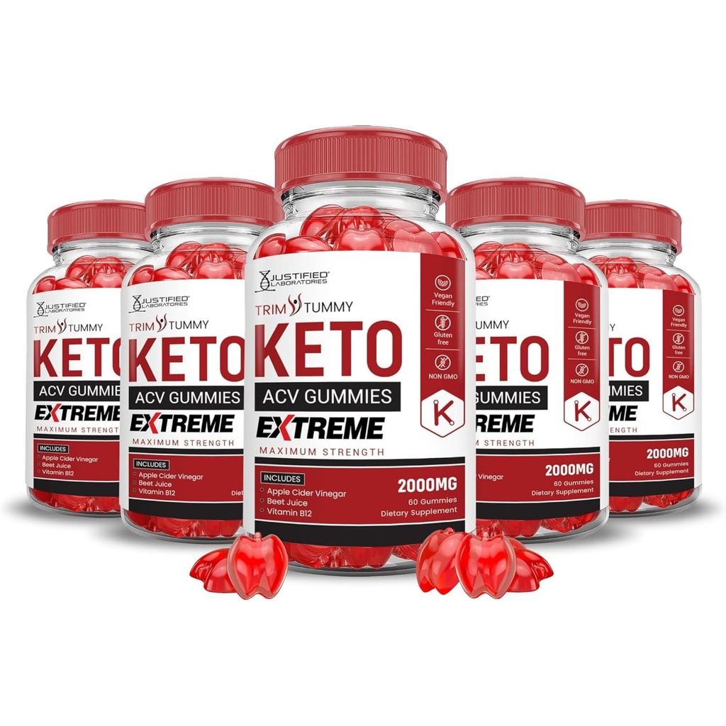Justified Laboratories (5 Pack Trim Tummy Keto ACV Gummies Extreme 2000MG Trim Tummy Keto Gummies Apple Cider Vinagar Formuleret med Pomegranate Beet Juice Powder B12 Vegan Non GMO 300 Gummys